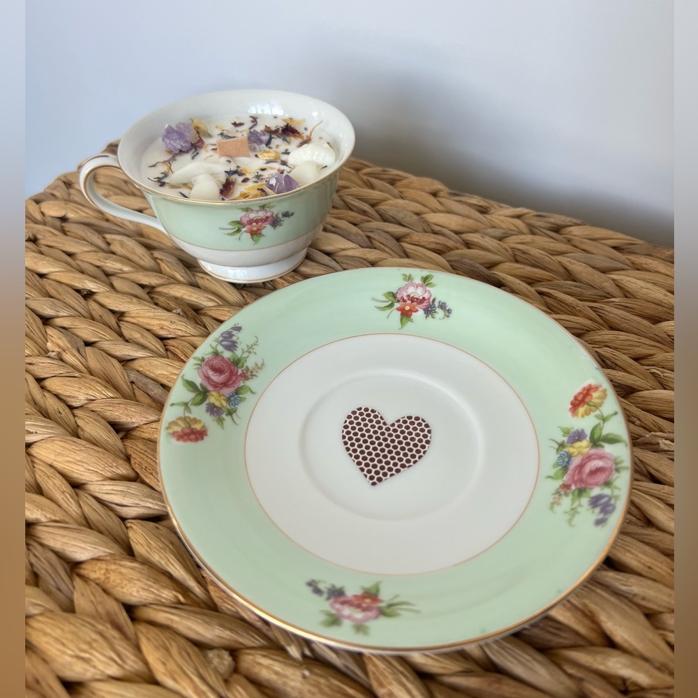 Floral Mint Green Teacup Candle and Saucer Set with Wax Mushies Dried Flowers